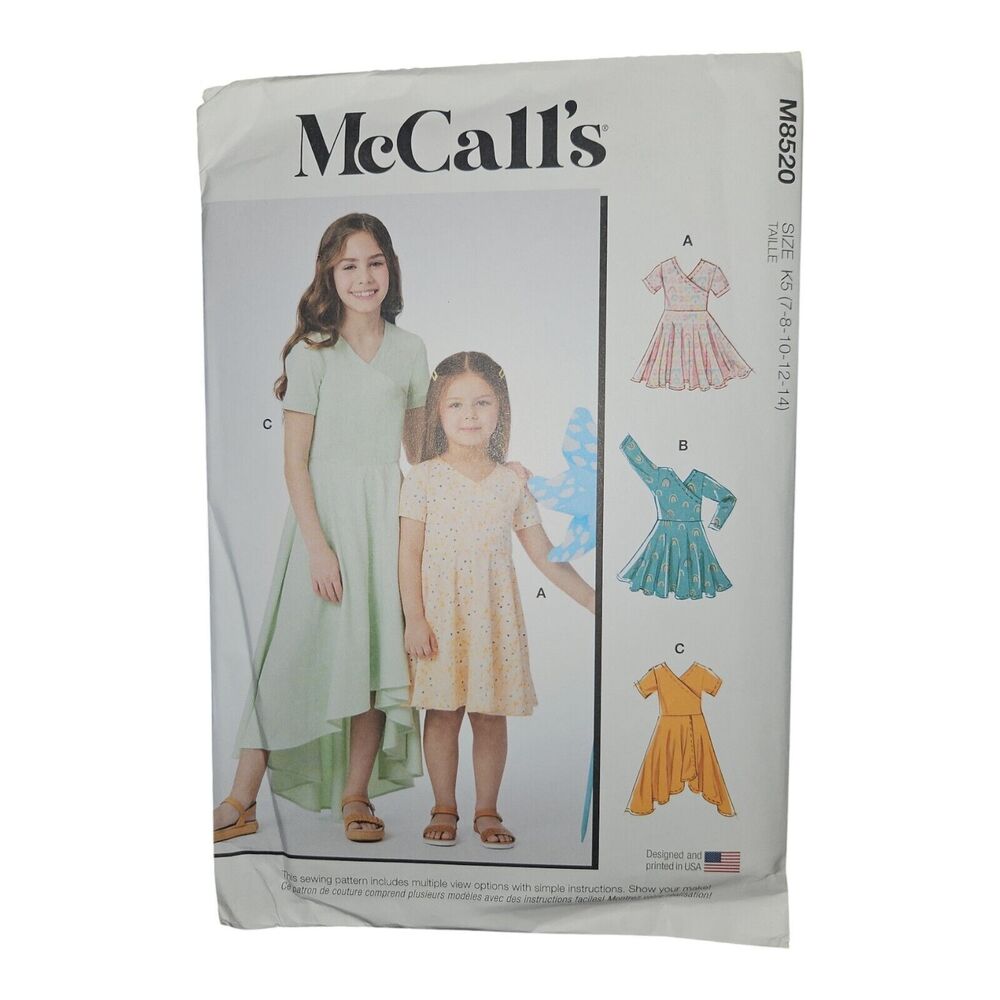 McCall's  Pattern M8520-Children's & Girls' Knit Dresses, Sz  K5 (7-8-10-12-14)